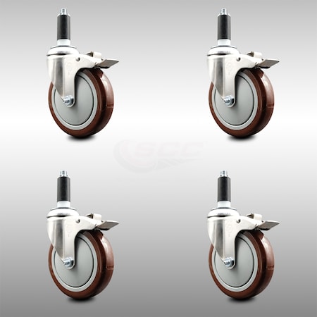 Service Caster 5 Inch 316SS Maroon Poly Swivel 1 Inch Expanding Stem Caster Set Lock Brake SCC-SS316TTLEX20S514-PPUB-MRN-1-4